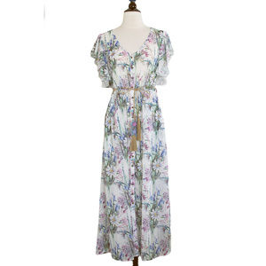 Aratta White Floral Print Button Down Flutter Sleeve Sheer Belted Midi Dress, SM